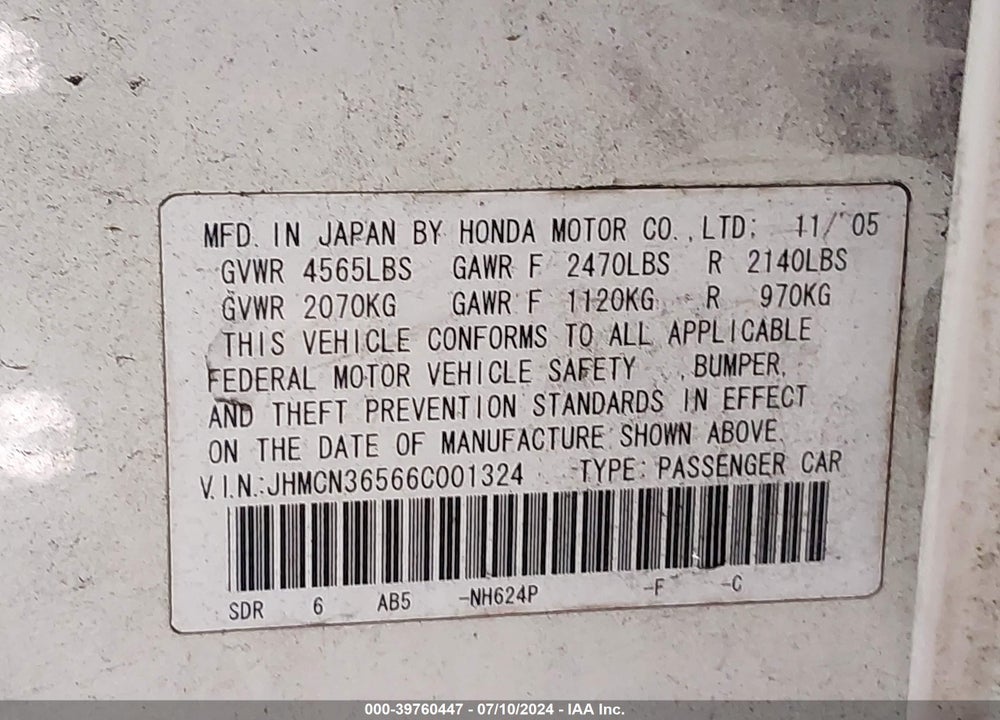 2006 HONDA ACCORD HYBRID VIN: JHMCN36566C001324