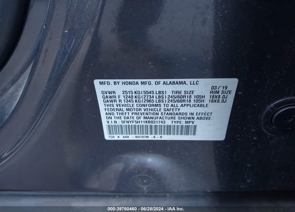 2019 HONDA PILOT LX VIN: 5FNYF5H11KB031743