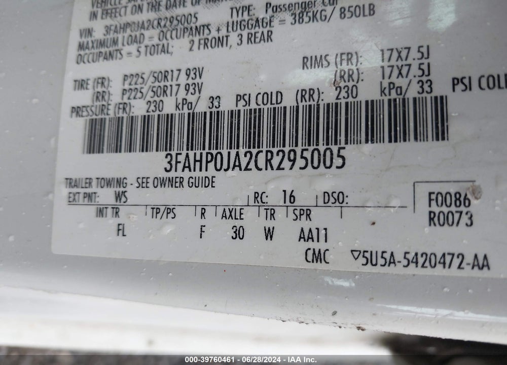 2012 FORD FUSION SEL VIN: 3FAHP0JA2CR295005