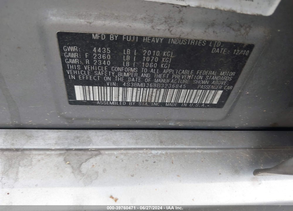 2011 SUBARU LEGACY 2.5I LIMITED VIN: 4S3BMBJ68B3236845