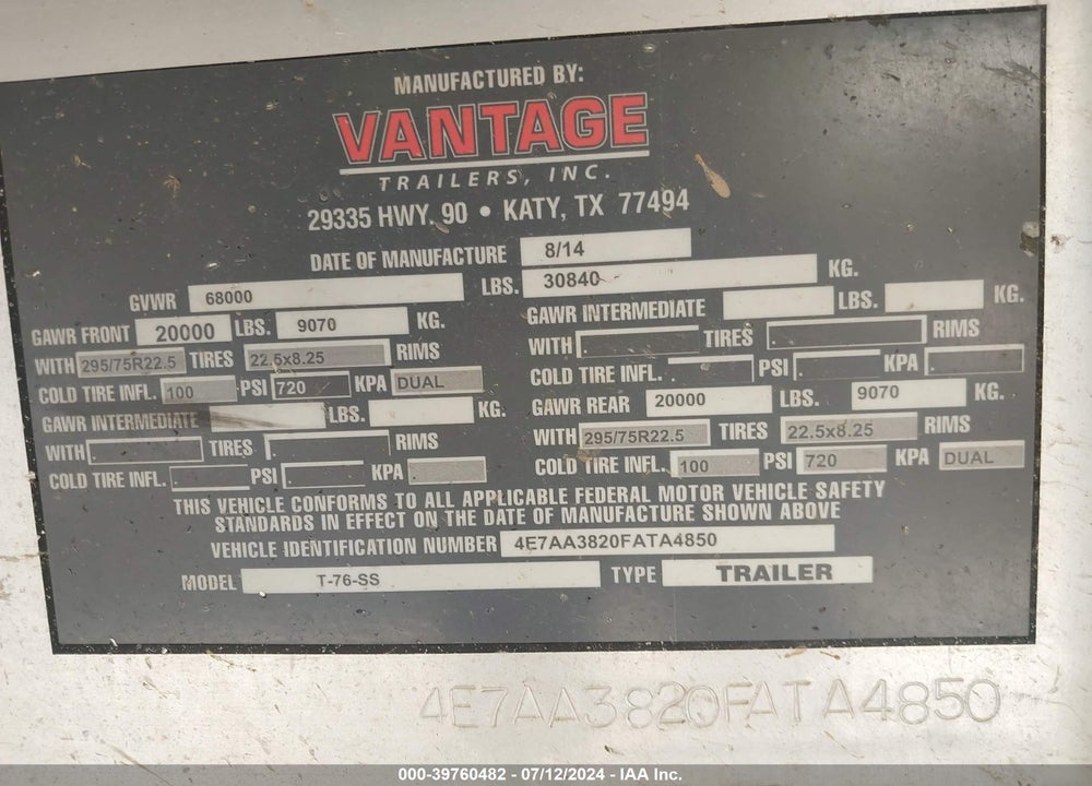 2015 VANTAGE DUMP TRAILERS DUMP VIN: 4E7AA3820FATA4850