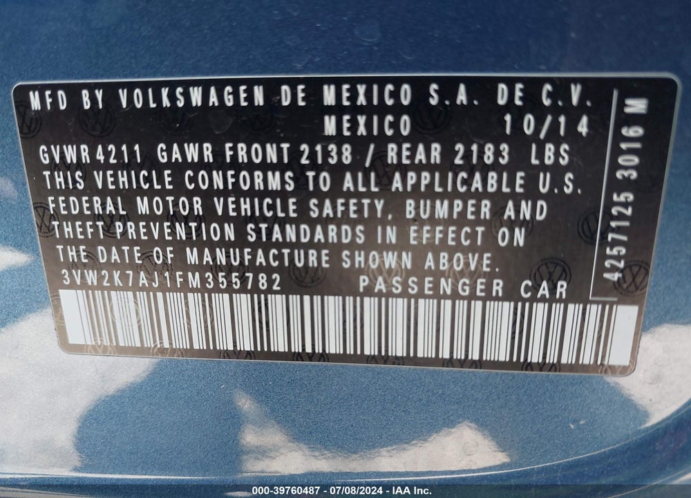 2015 VOLKSWAGEN JETTA 2.0L S VIN: 3VW2K7AJ1FM355782