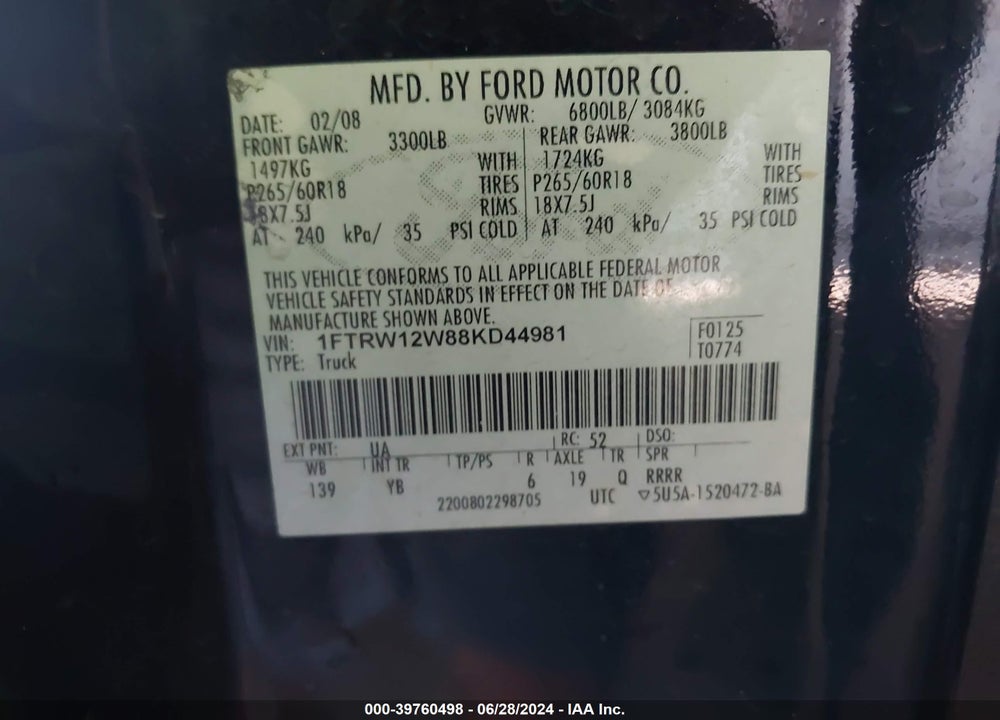 2008 FORD F-150 60TH ANNIVERSARY/FX2/XL/XLT VIN: 1FTRW12W88KD44981