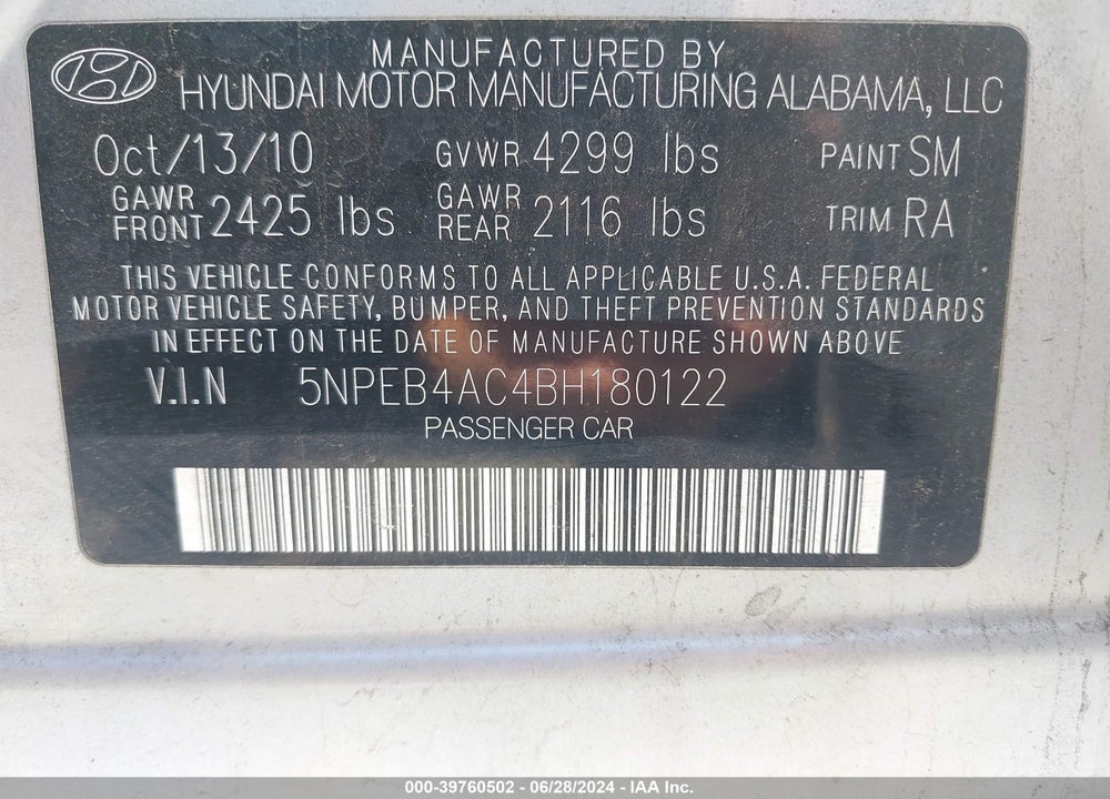 2011 HYUNDAI SONATA GLS VIN: 5NPEB4AC4BH180122