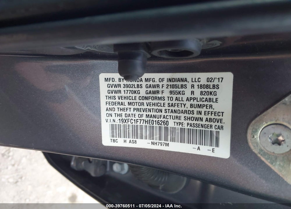 2017 HONDA CIVIC EX-L VIN: 19XFC1F77HE016260