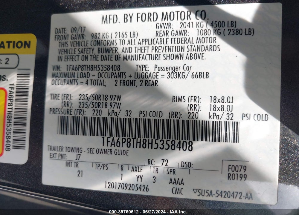 2017 FORD MUSTANG ECOBOOST VIN: 1FA6P8TH8H5358408