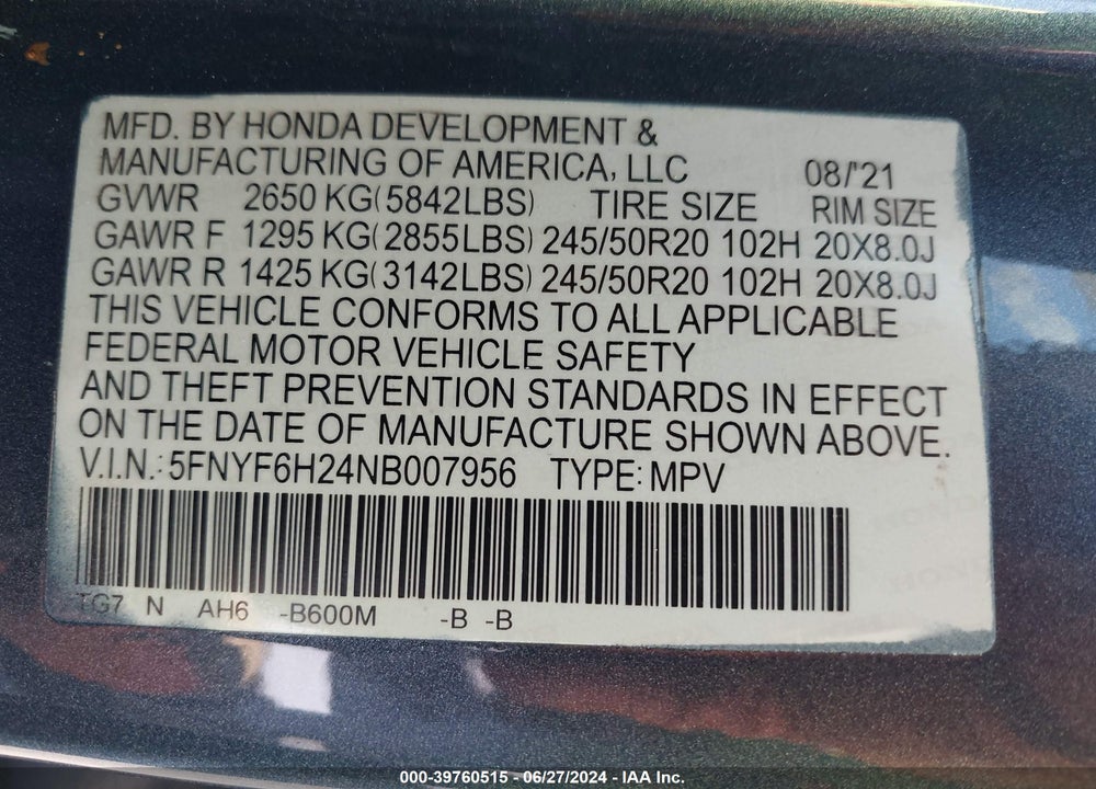 2022 HONDA PILOT AWD SPECIAL EDITION VIN: 5FNYF6H24NB007956