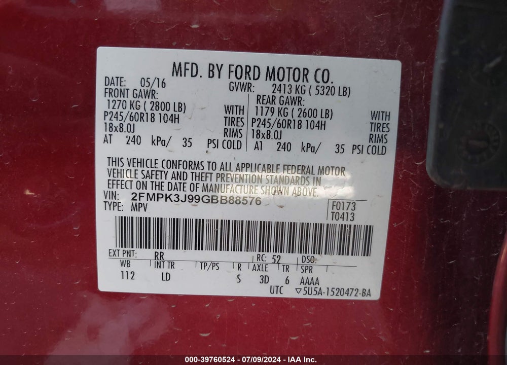 2016 FORD EDGE SEL VIN: 2FMPK3J99GBB88576