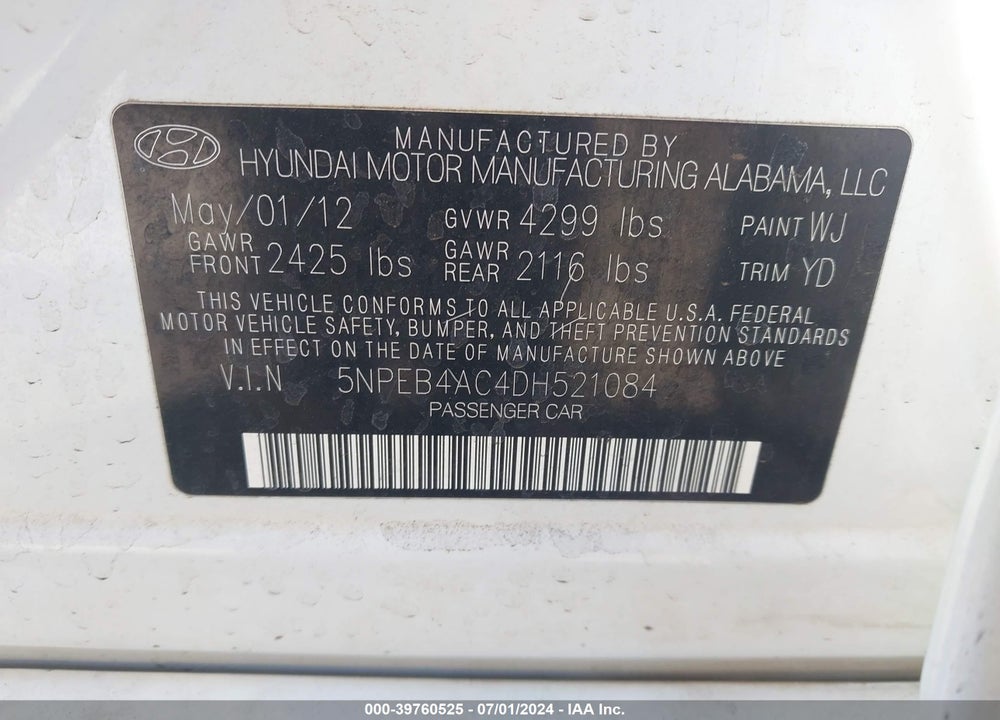 2013 HYUNDAI SONATA GLS VIN: 5NPEB4AC4DH521084