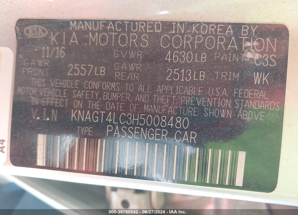 2017 KIA OPTIMA HYBRID VIN: KNAGT4LC3H5008480