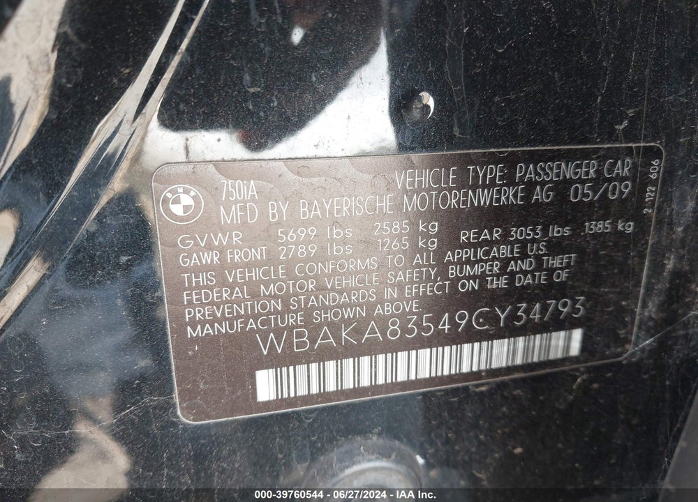 2009 BMW 750I VIN: WBAKA83549CY34793