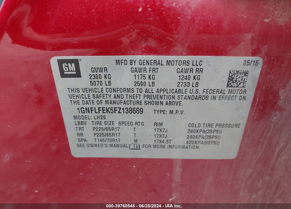 2015 CHEVROLET EQUINOX 1LT VIN: 1GNFLFEK5FZ138689