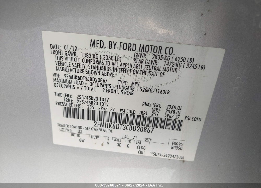 2012 FORD FLEX TITANIUM VIN: 2FMHK6DT3CBD20867