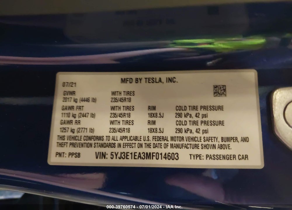 2021 TESLA MODEL 3 STANDARD RANGE PLUS REAR-WHEEL DRIVE VIN: 5YJ3E1EA3MF014603
