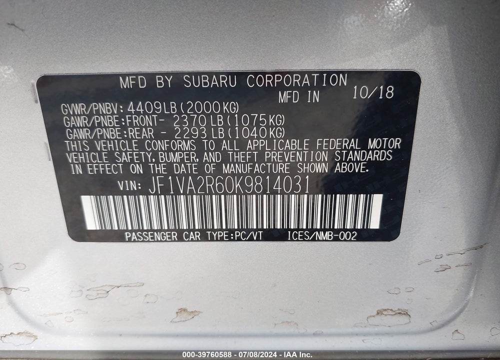 2019 SUBARU WRX STI VIN: JF1VA2R60K9814031
