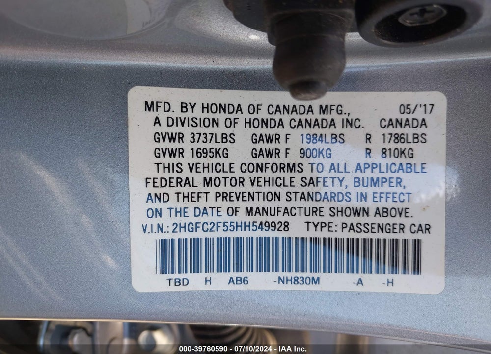 2017 HONDA CIVIC LX VIN: 2HGFC2F55HH549928