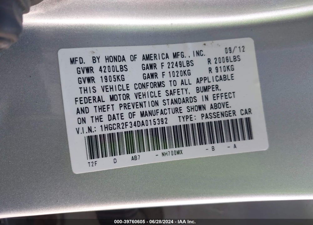 2013 HONDA ACCORD LX VIN: 1HGCR2F34DA015392