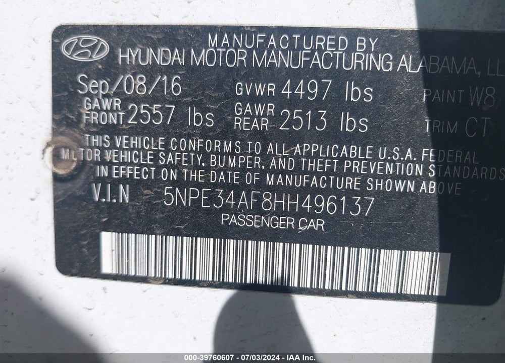 2017 HYUNDAI SONATA SPORT VIN: 5NPE34AF8HH496137