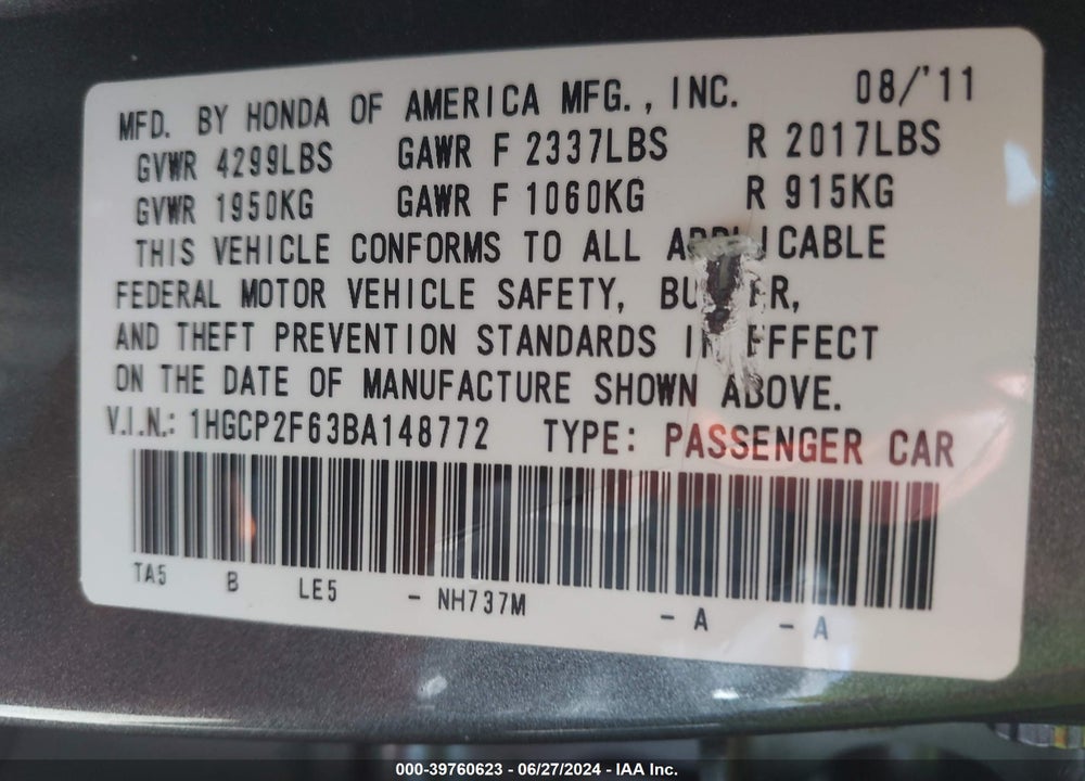 2011 HONDA ACCORD 2.4 SE VIN: 1HGCP2F63BA148772