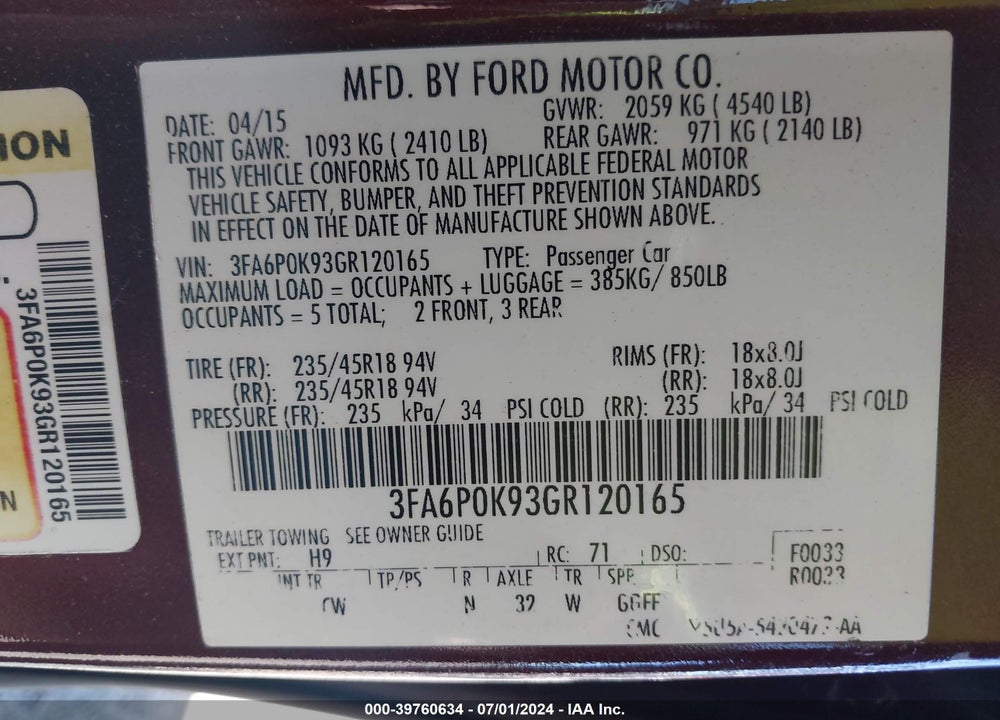 2016 FORD FUSION TITANIUM VIN: 3FA6P0K93GR120165