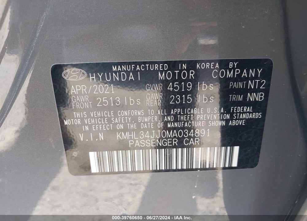 2021 HYUNDAI SONATA SEL VIN: KMHL34JJ0MA034891