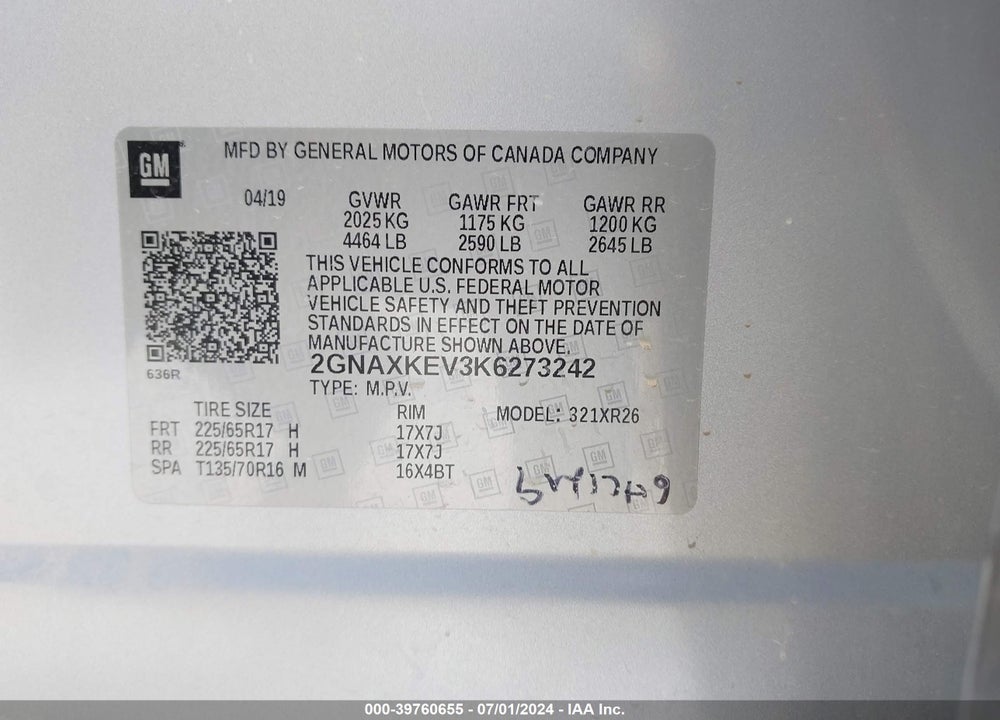2019 CHEVROLET EQUINOX LT VIN: 2GNAXKEV3K6273242