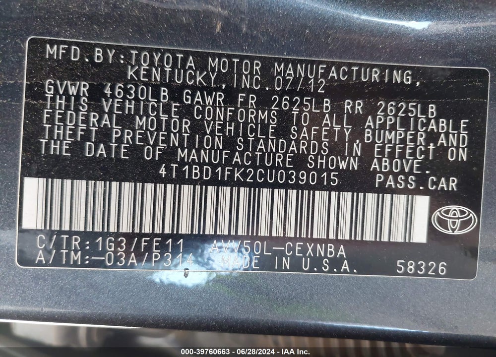 2012 TOYOTA CAMRY HYBRID LE VIN: 4T1BD1FK2CU039015
