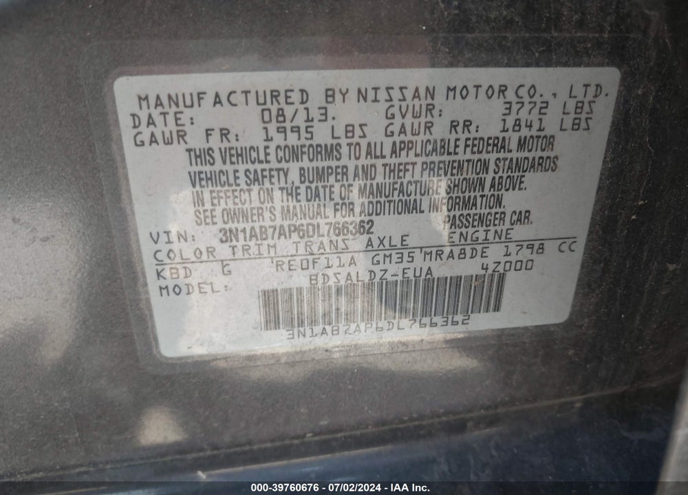 2013 NISSAN SENTRA SV VIN: 3N1AB7AP6DL766362