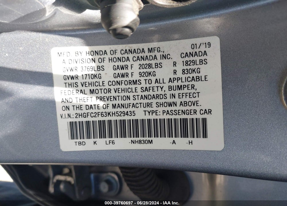 2019 HONDA CIVIC LX VIN: 2HGFC2F63KH529435