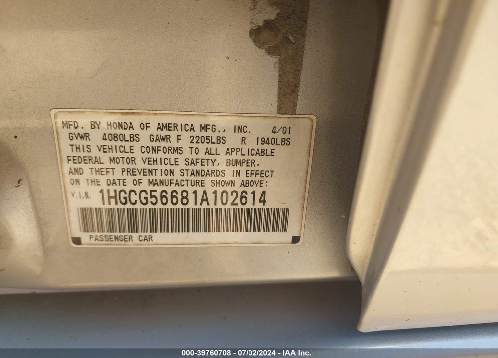 2001 HONDA ACCORD 2.3 EX VIN: 1HGCG56681A102614