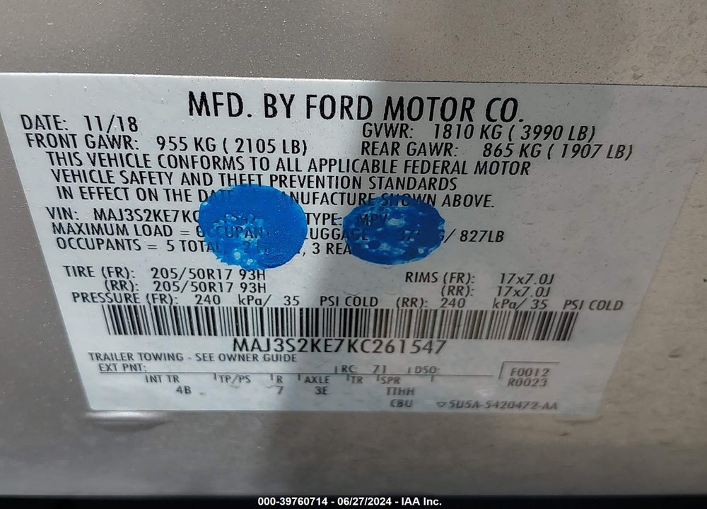 2019 FORD ECOSPORT VIN: MAJ3S2KE7KC261547