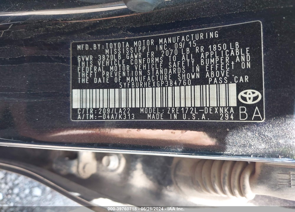 2016 TOYOTA COROLLA LE PREMIUM VIN: 5YFBURHEXGP384760