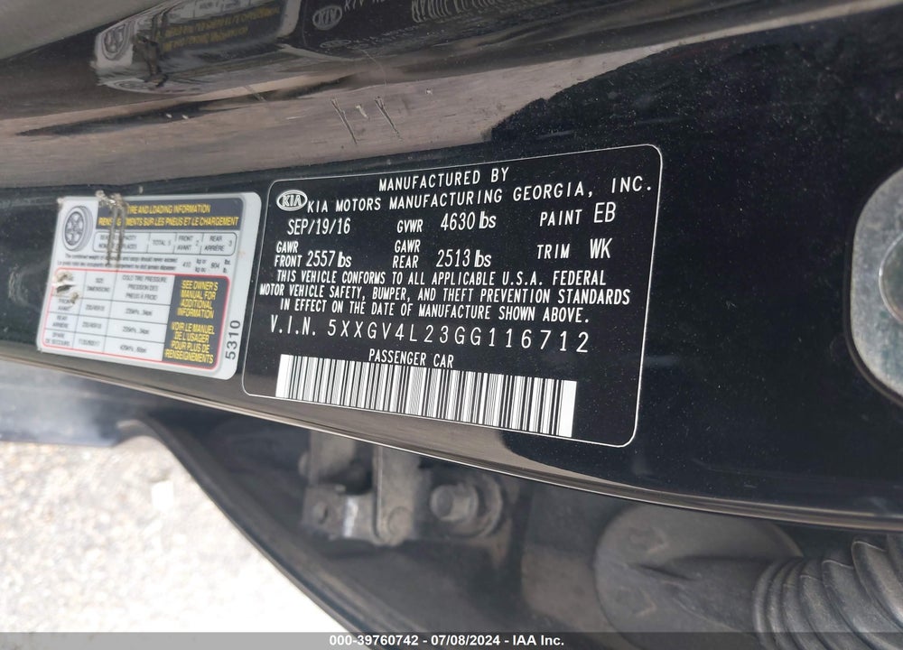 2016 KIA OPTIMA SXL TURBO VIN: 5XXGV4L23GG116712