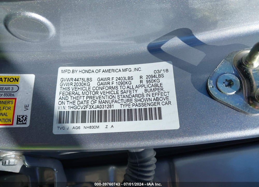 2018 HONDA ACCORD SPORT 2.0T VIN: 1HGCV2F3XJA031281