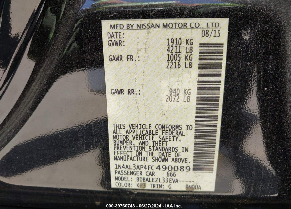 2015 NISSAN ALTIMA 2.5 S VIN: 1N4AL3AP4FC490089