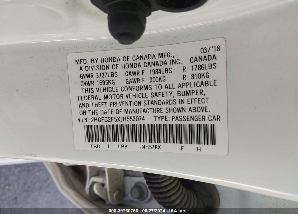 2018 HONDA CIVIC LX VIN: 2HGFC2F5XJH553074