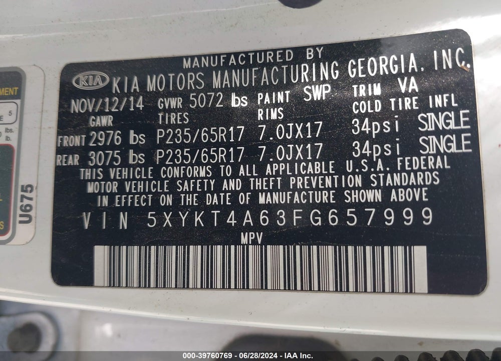 2015 KIA SORENTO LX VIN: 5XYKT4A63FG657999