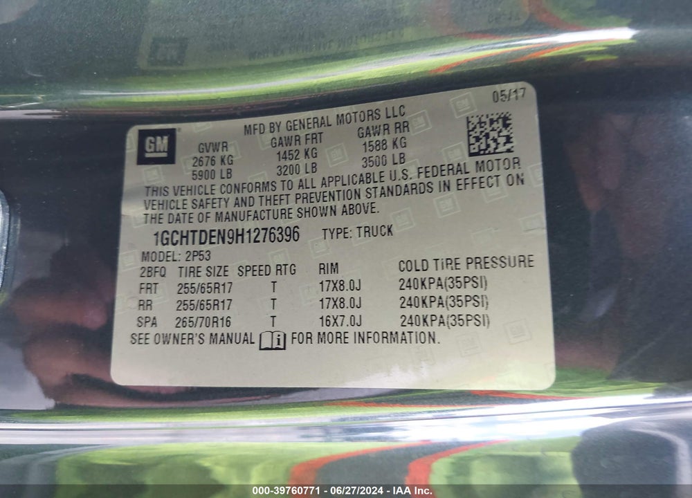 2017 CHEVROLET COLORADO Z71 VIN: 1GCHTDEN9H1276396