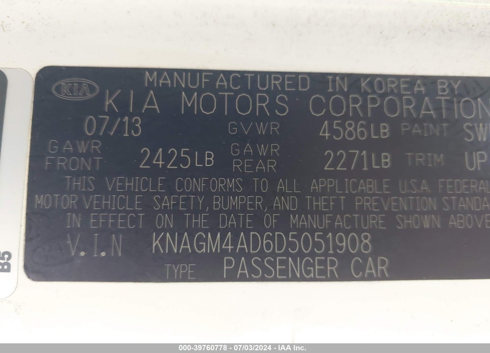 2013 KIA OPTIMA HYBRID EX VIN: KNAGM4AD6D5051908