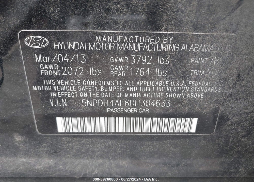 2013 HYUNDAI ELANTRA LIMITED VIN: 5NPDH4AE6DH304633