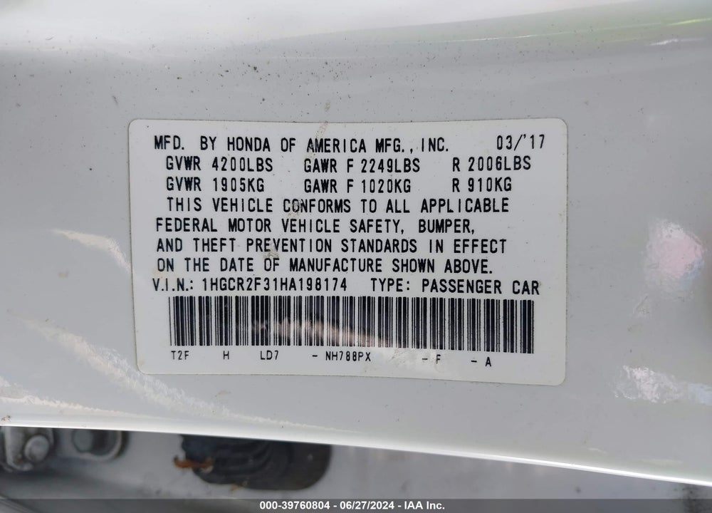 2017 HONDA ACCORD LX VIN: 1HGCR2F31HA198174