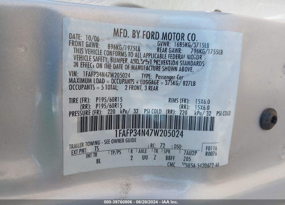 2007 FORD FOCUS S/SE/SES VIN: 1FAFP34N47W205024