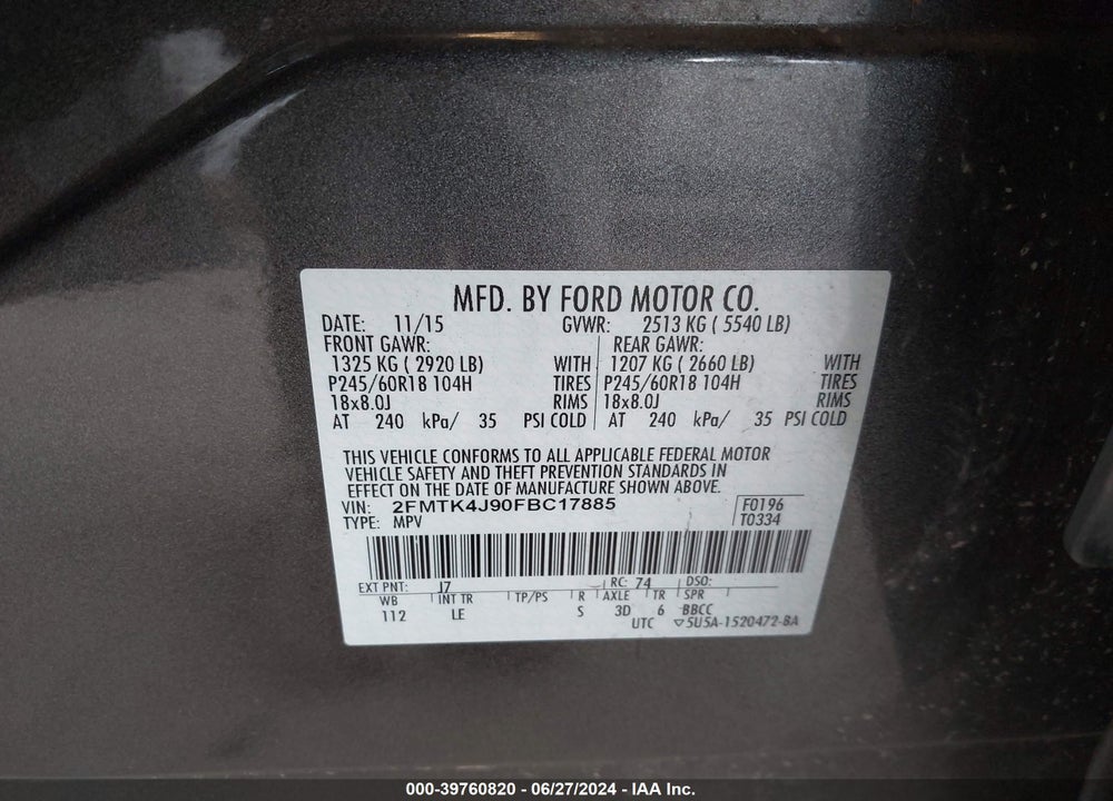 2015 FORD EDGE SEL VIN: 2FMTK4J90FBC17885