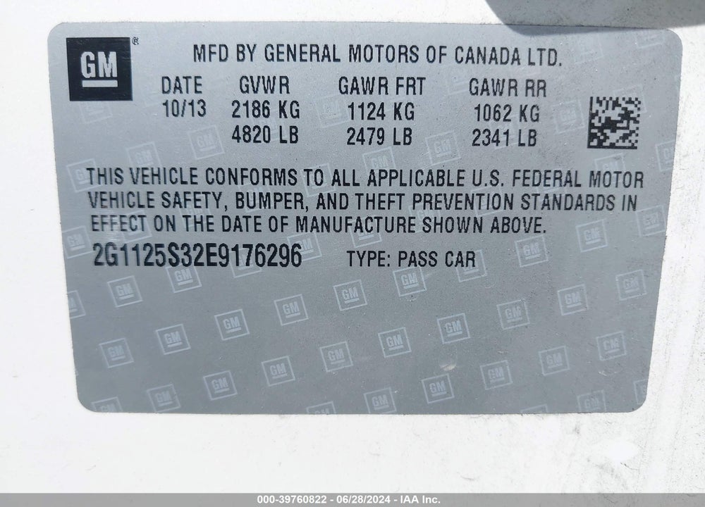 2014 CHEVROLET IMPALA 2LT VIN: 2G1125S32E9176296
