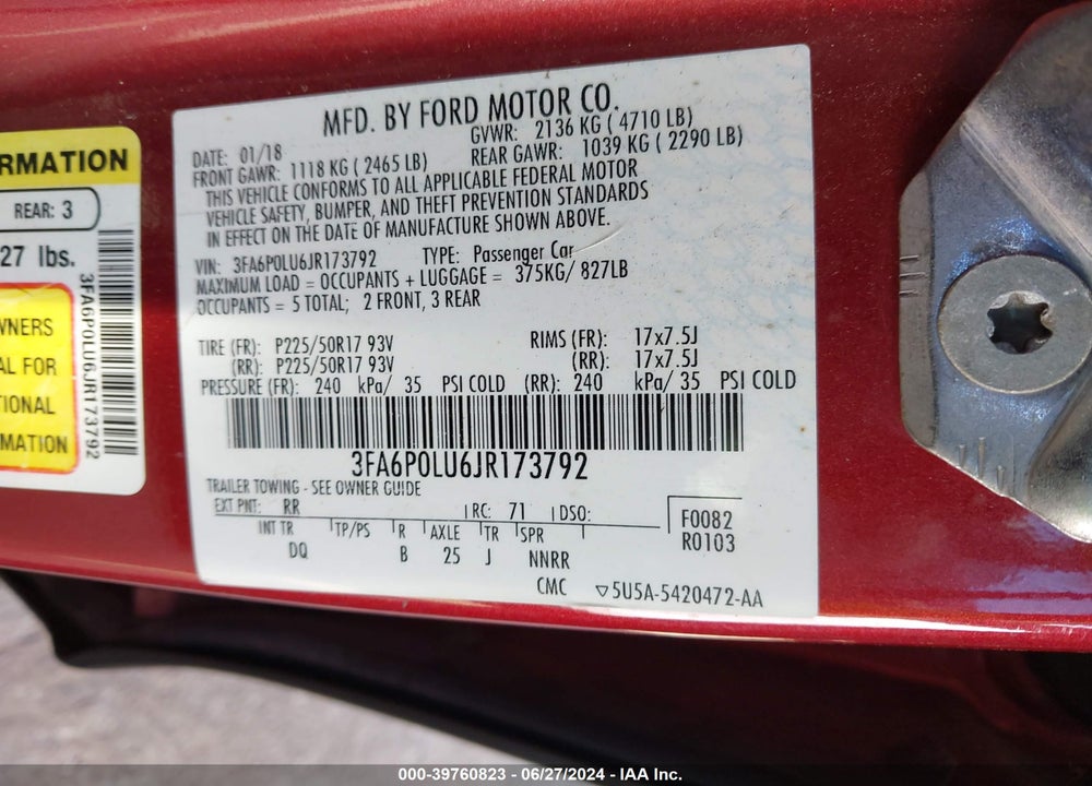 2018 FORD FUSION HYBRID SE VIN: 3FA6P0LU6JR173792
