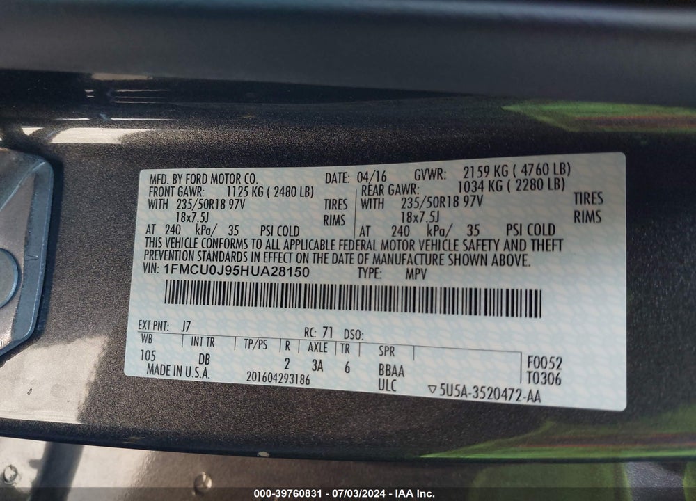 2017 FORD ESCAPE TITANIUM VIN: 1FMCU0J95HUA28150