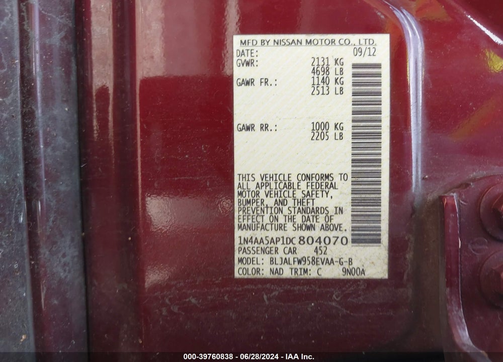 2013 NISSAN MAXIMA 3.5 SV VIN: 1N4AA5AP1DC804070
