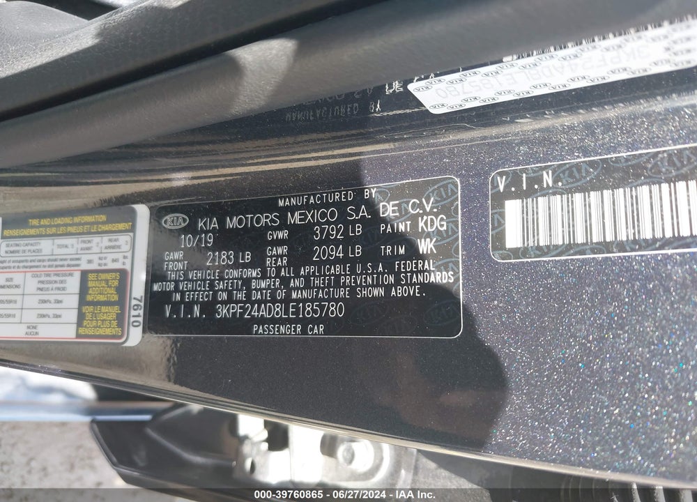 2020 KIA FORTE LXS VIN: 3KPF24AD8LE185780