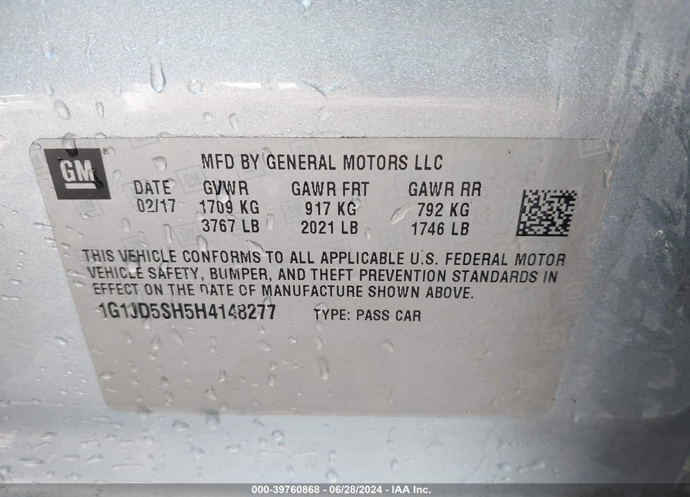 2017 CHEVROLET SONIC LT AUTO VIN: 1G1JD5SH5H4148277