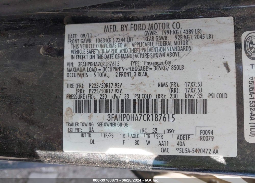 2012 FORD FUSION SE VIN: 3FAHP0HA7CR187615